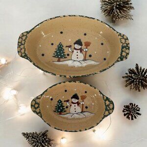 Country Snowman Stoneware Oval Casserole Set